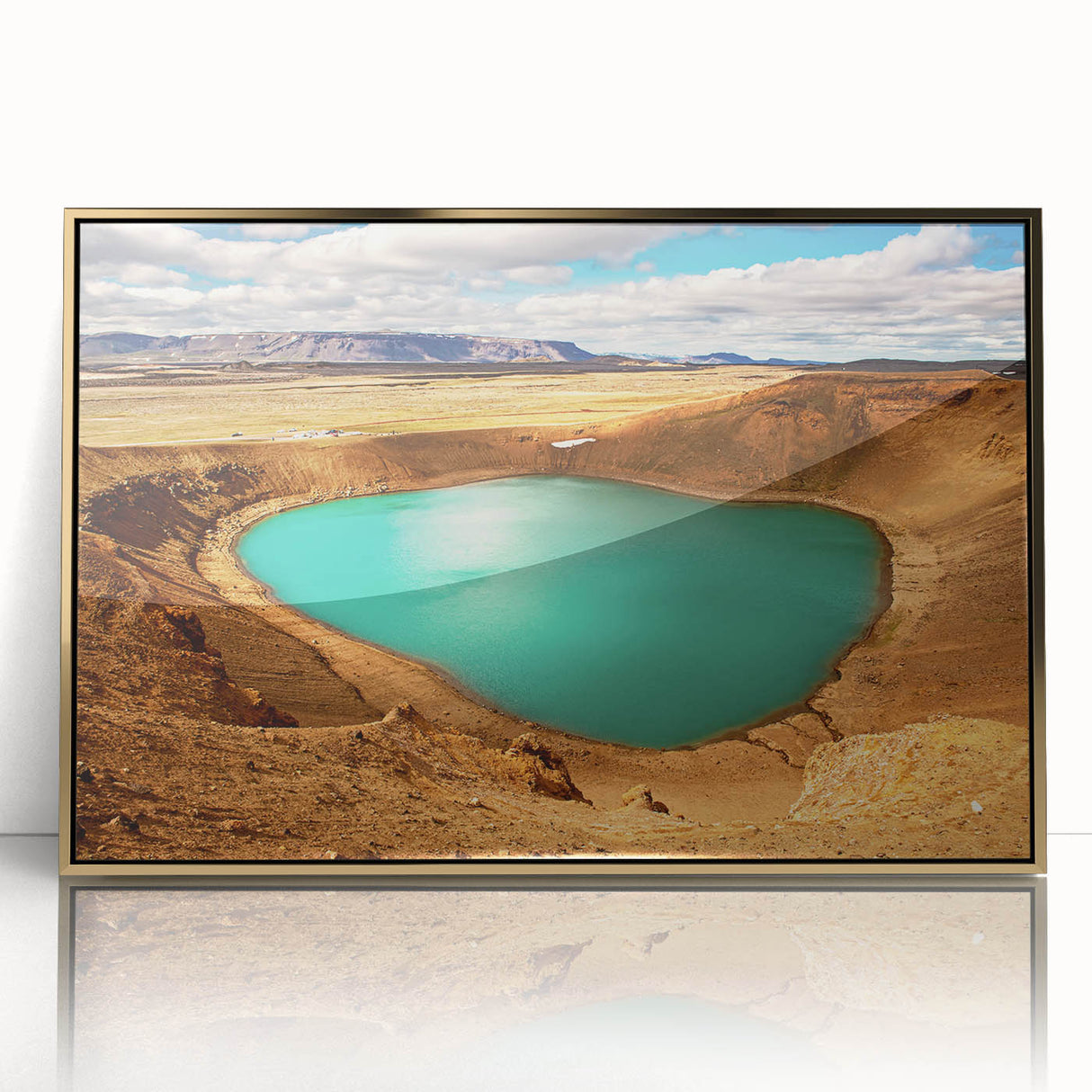 Art deco poster depicting a serene Icelandic landscape in muted blue and green tones on a framed acrylic.