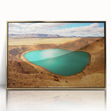 Art deco poster depicting a serene Icelandic landscape in muted blue and green tones on a framed acrylic.