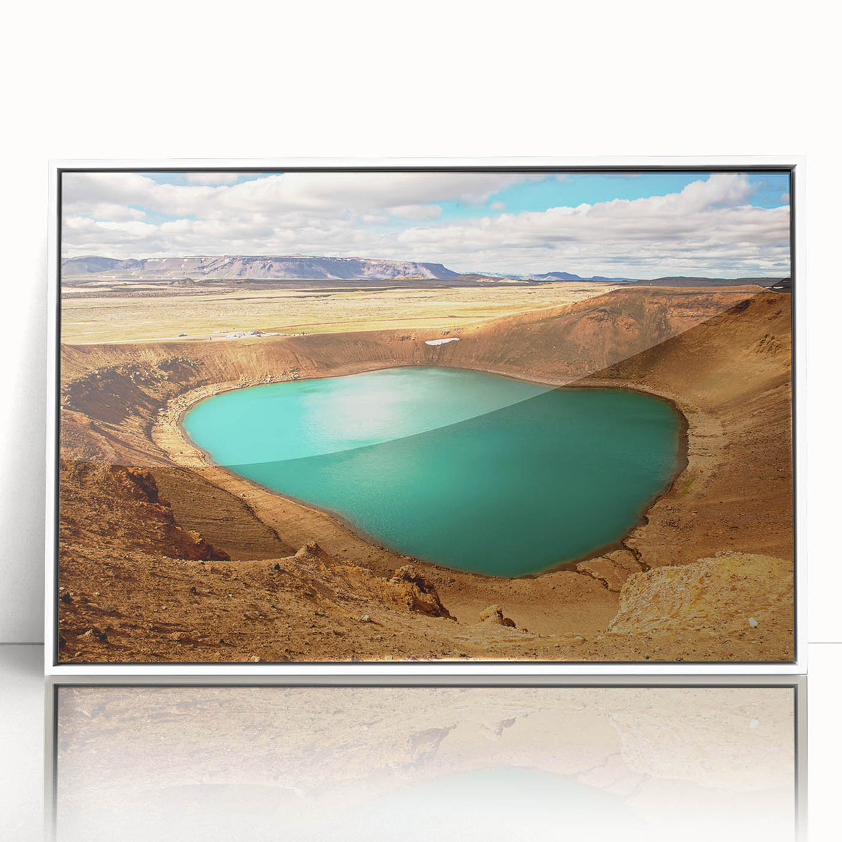 Mid-century modernist art depicting a serene Icelandic landscape, in muted gray and blue tones.