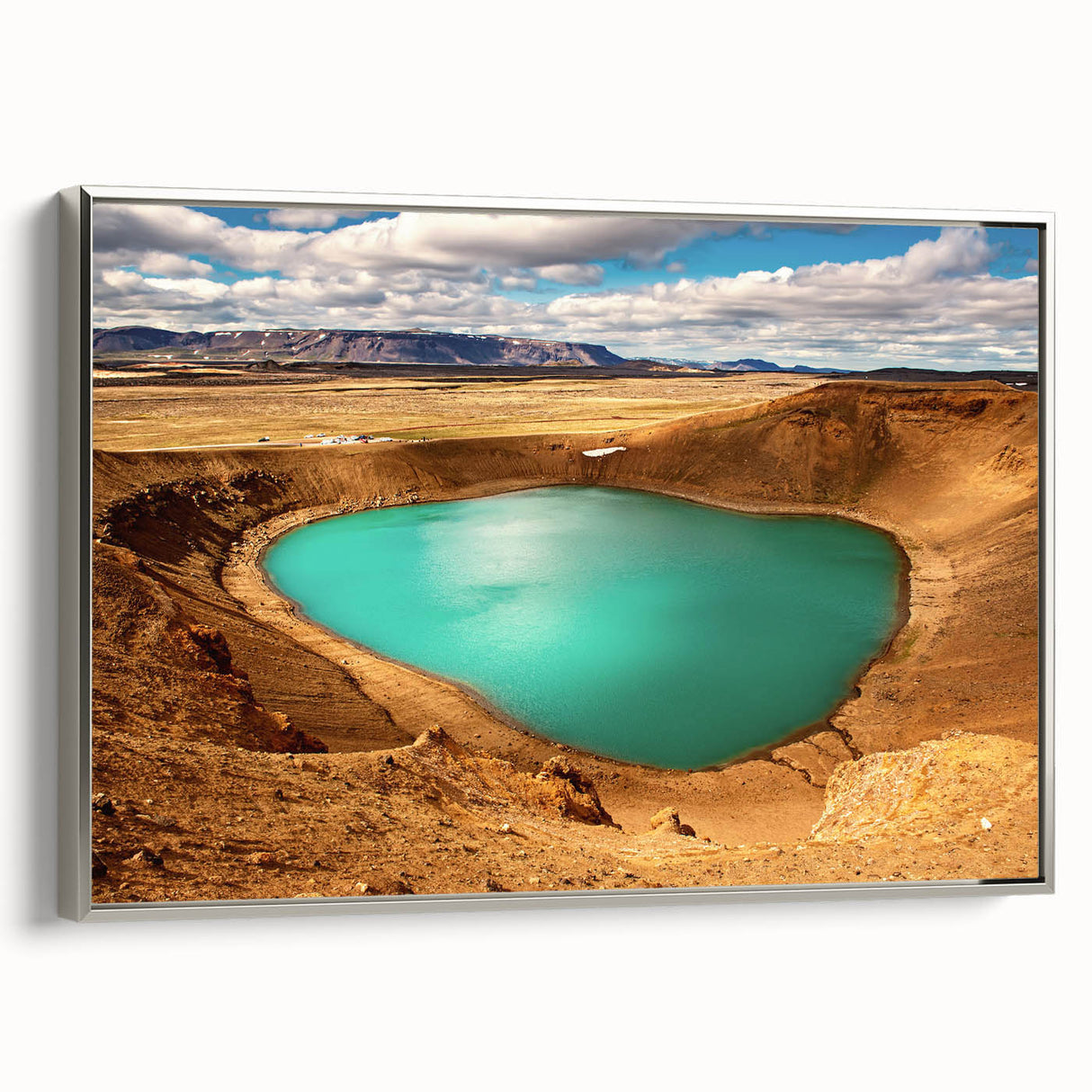 Framed canvas landscape art painting of a serene Icelandic scenery in muted gray and silver tones.