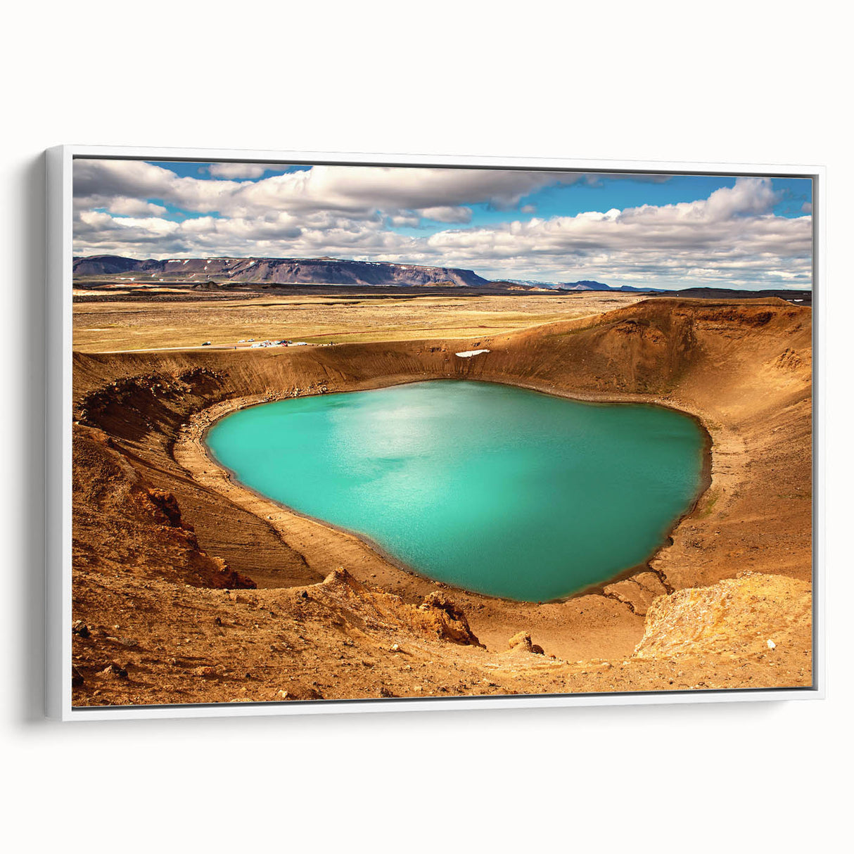 Vintage poster art of a European Iceland scenery in muted colors on framed canvas, suitable for enhancing a living room wall.