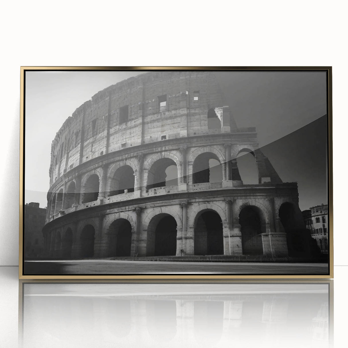 Art deco poster of Rome's cityscape in gold and muted gray tones on acrylic, ideal for modern art wall decor.