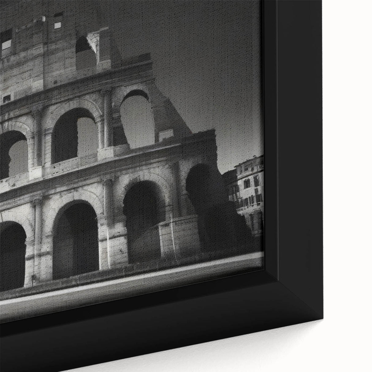 Extra large framed canvas featuring a textured depiction of a Rome scenery in black with colorful accents.