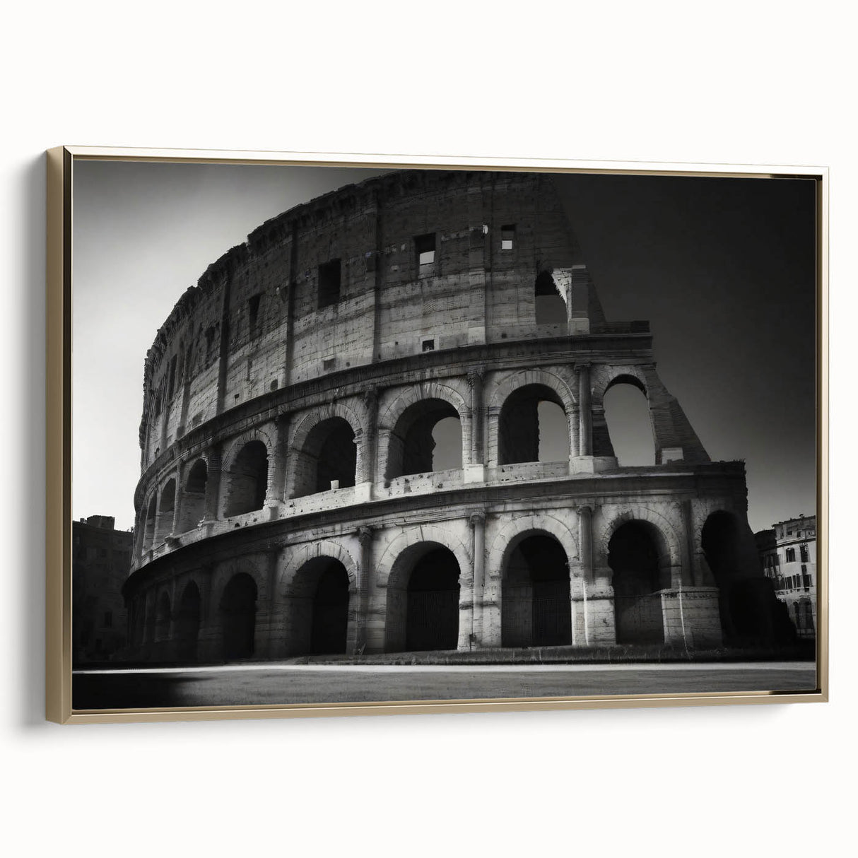 Framed canvas featuring a vintage-style landscape painting of Rome with muted gold and black tones.