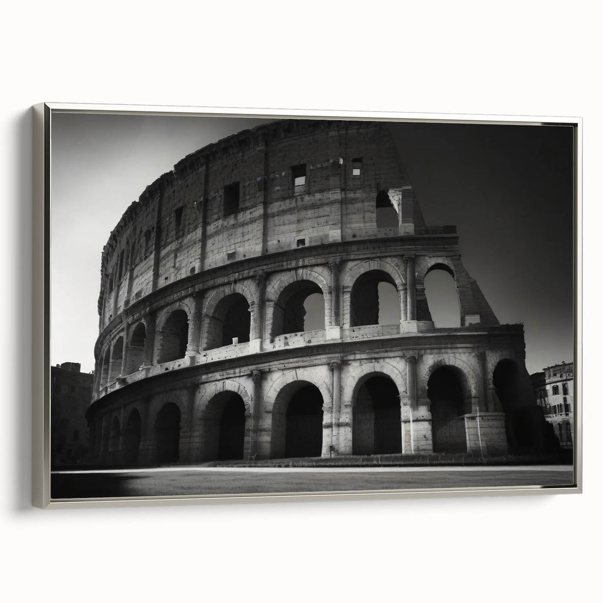 Framed canvas of a vintage-style Rome landscape painting with colorful art on a black background.