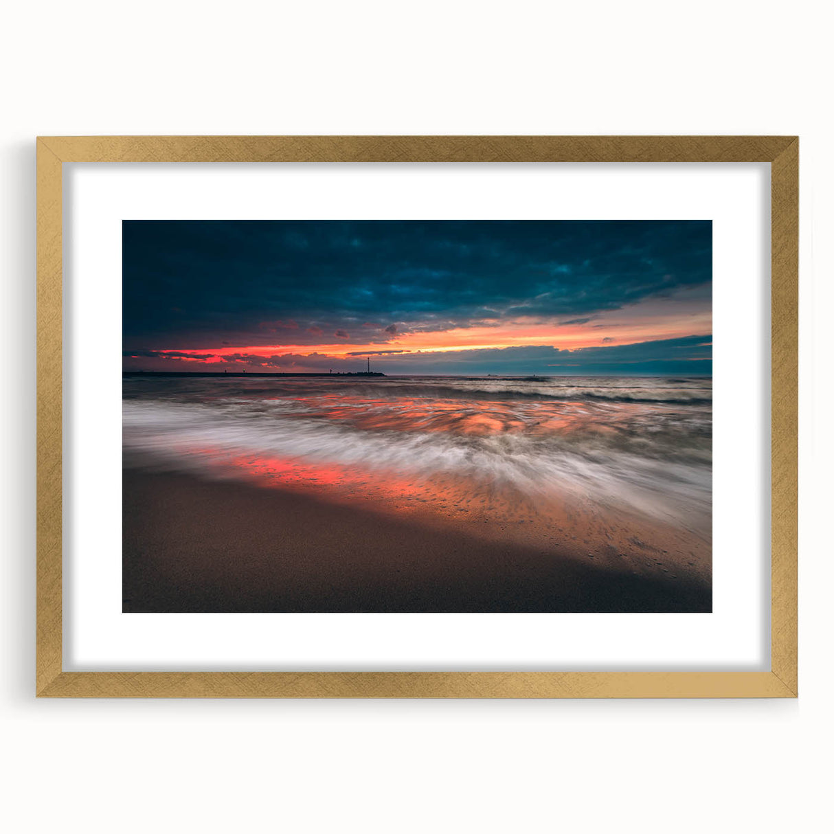 Abstract art print depicting a European Lithuanian landscape in muted earth tones, framed in gold.