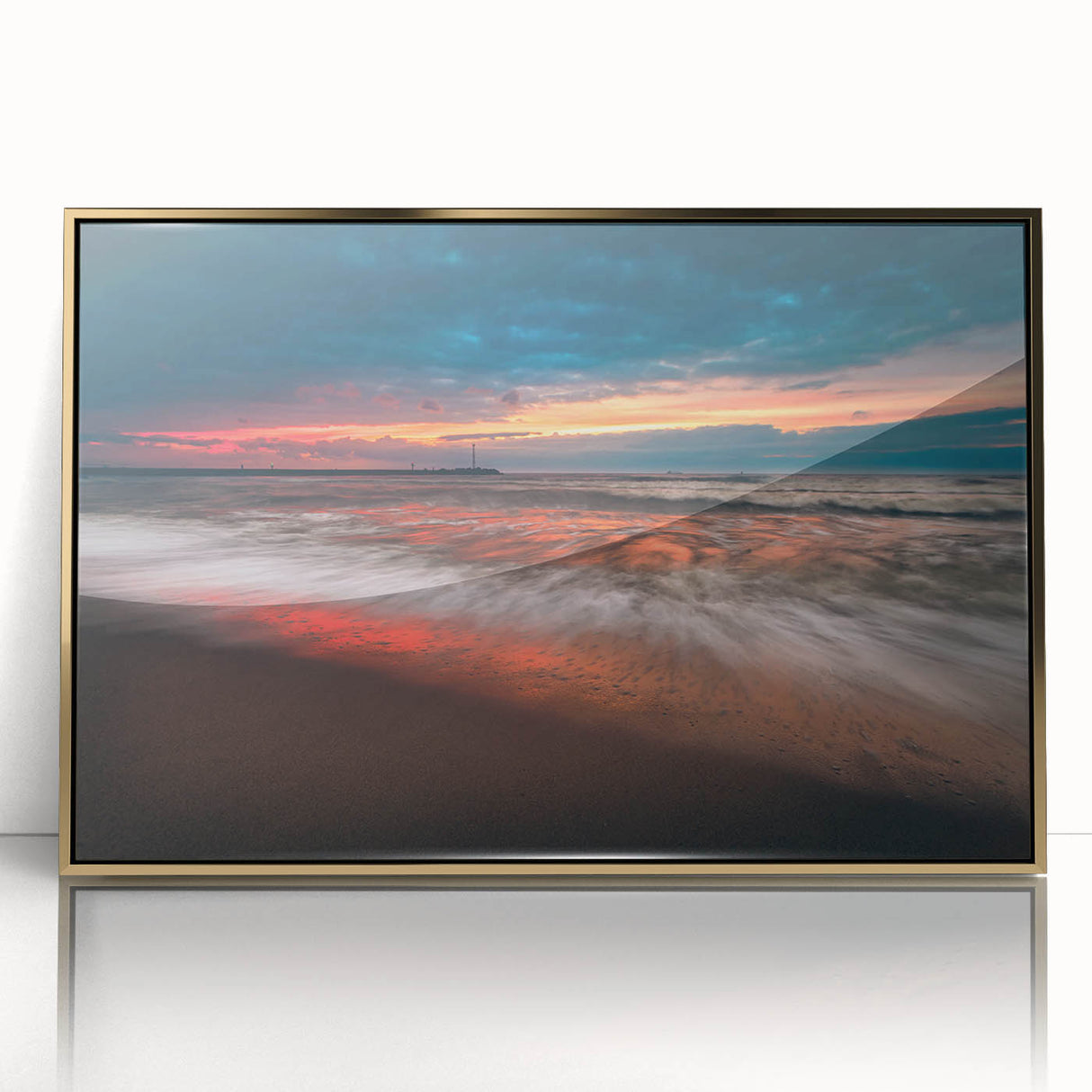 Acrylic print of a serene Lithuanian landscape in soft pastel tones, framed in gold, suitable as modern art wall decor.