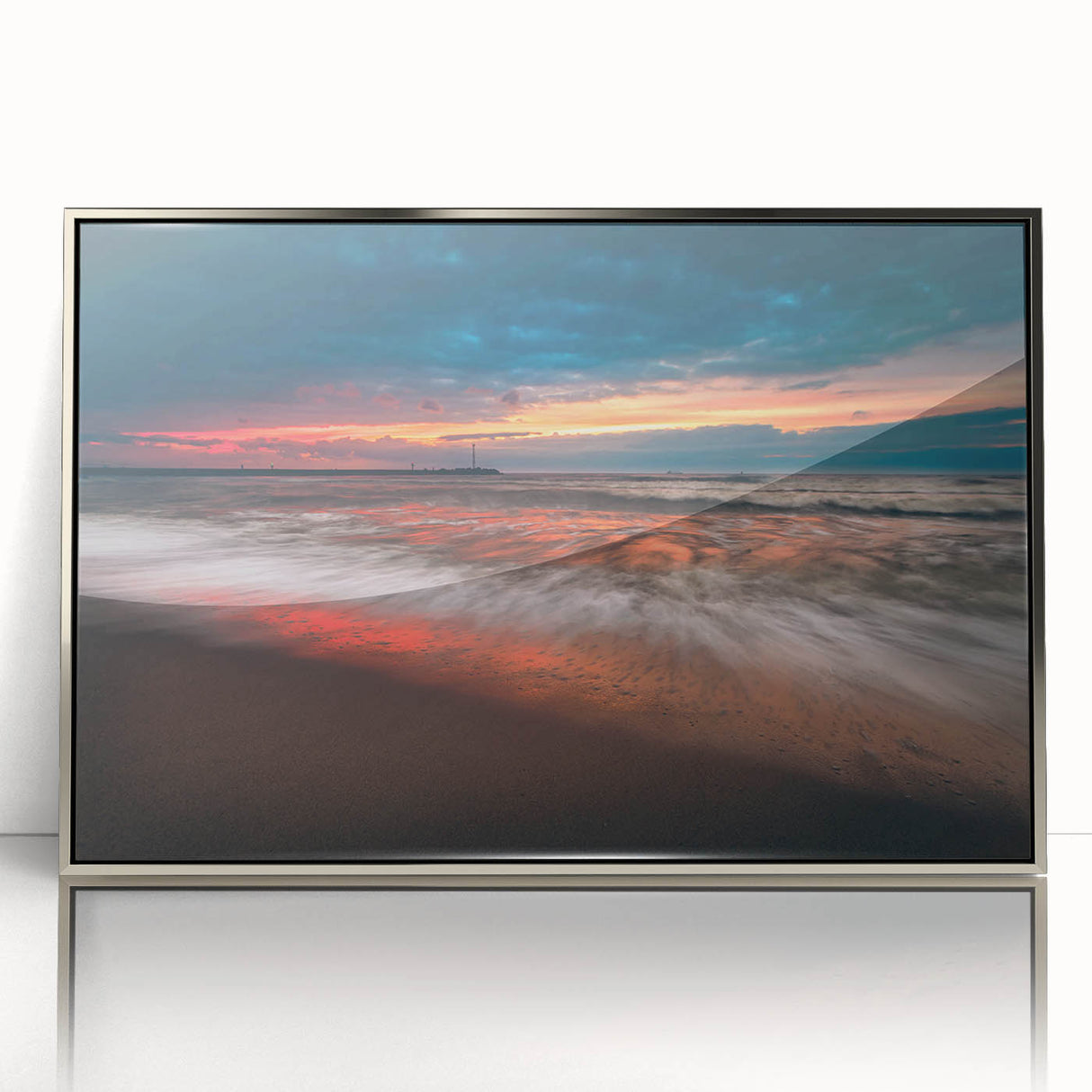 Large art print of a serene Lithuanian landscape in muted green and blue tones, framed in silver acrylic.