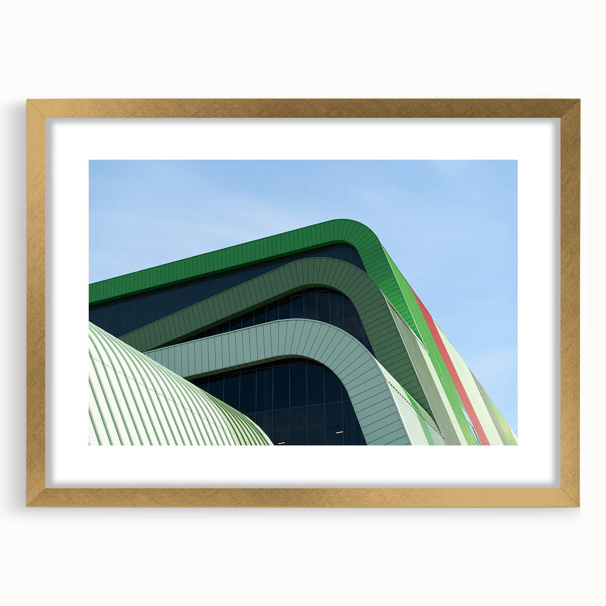 Abstract art print of a European scenery in muted earth tones, framed in gold, suitable for dining room decor.