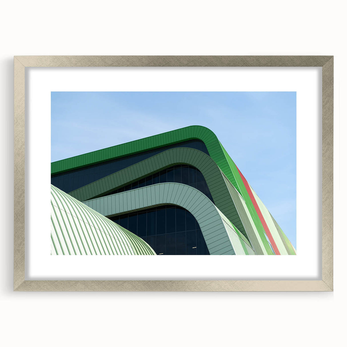 Extra large abstract art print featuring textured scenery of a European landscape in muted earth tones, framed in silver.