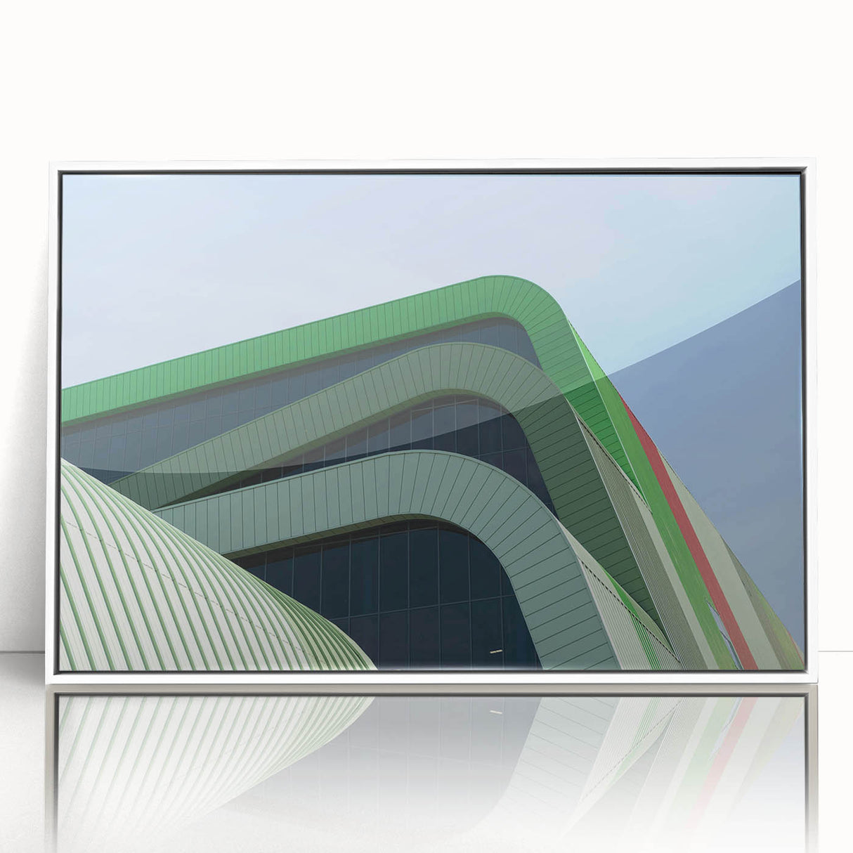 Mid-century modernist art depicting a European cityscape in muted colors on a framed acrylic, suitable for nursery wall art.