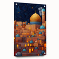 Acrylic glass print of a Middle Eastern scenery with vibrant desert hues, ideal for bedroom or dining room decor.