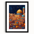 Extra large abstract art print depicting a colorful, textured scenery of Middle Eastern architecture, framed in black.