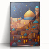 Mid-century modernist art depicting a serene Middle Eastern landscape in earth tones on a framed acrylic print.