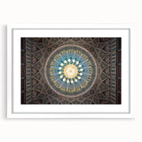 Abstract art print of Middle Eastern scenery in muted earth tones on a framed white mat, ideal for dining room decor.