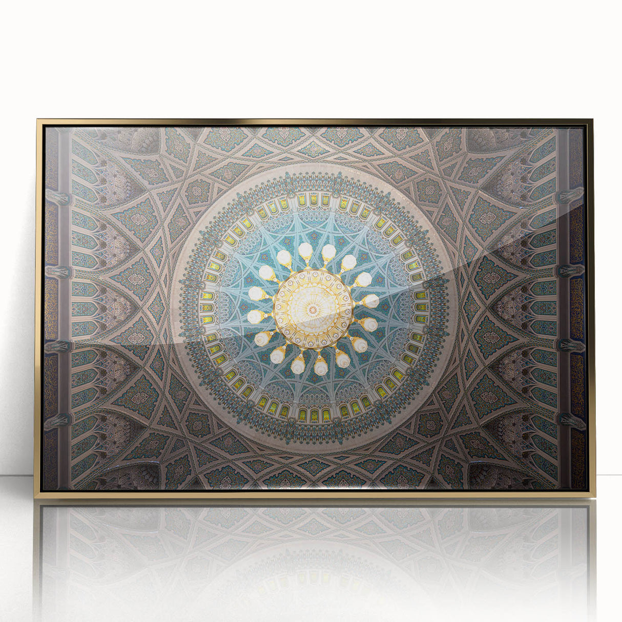 Acrylic print of a Middle-Eastern landscape in gold and earth tones, framed, suitable as modern art wall decor.