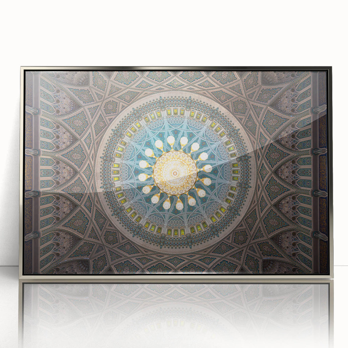 Mid-century modernist art depicting a serene Oman landscape in muted earth tones on a framed acrylic print.