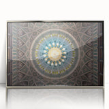 Mid-century modernist art depicting a serene Oman landscape in muted earth tones on a framed acrylic print.