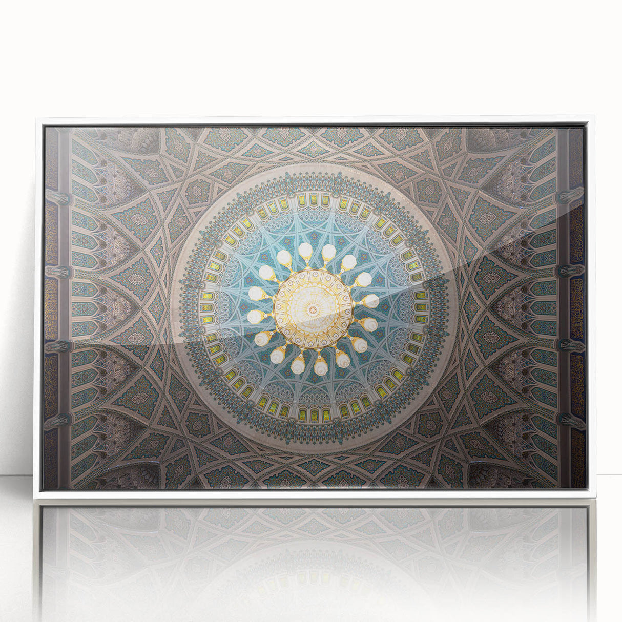 Art deco style poster of a Middle Eastern landscape in muted earth tones on a framed acrylic.