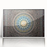 Art deco style poster of a Middle Eastern landscape in muted earth tones on a framed acrylic.