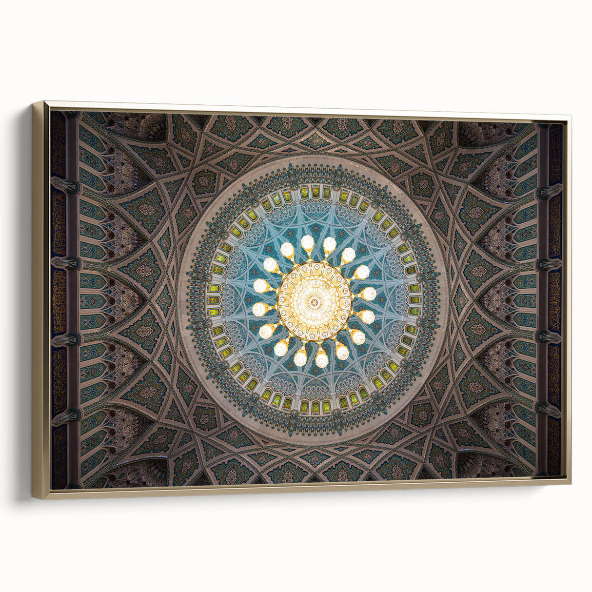 Framed canvas depicting a vintage-style landscape of Middle Eastern scenery in gold and black tones.