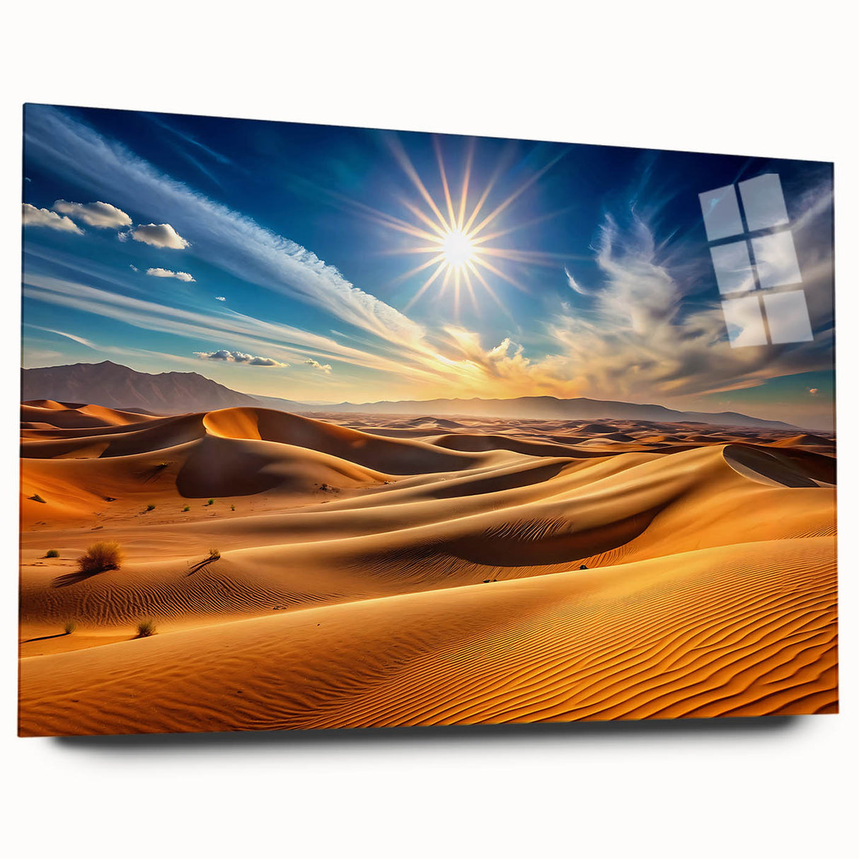 Large abstract wall art of the Abu Dhabi skyline in muted blue and gray tones on acrylic glass.
