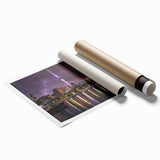 Extra large wall art of Auckland, New Zealand, featuring muted green and blue tones on rolled canvas.