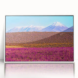 Art deco poster of Bolivian scenery with muted earth tones on a white framed acrylic, suitable for modern nursery decor.