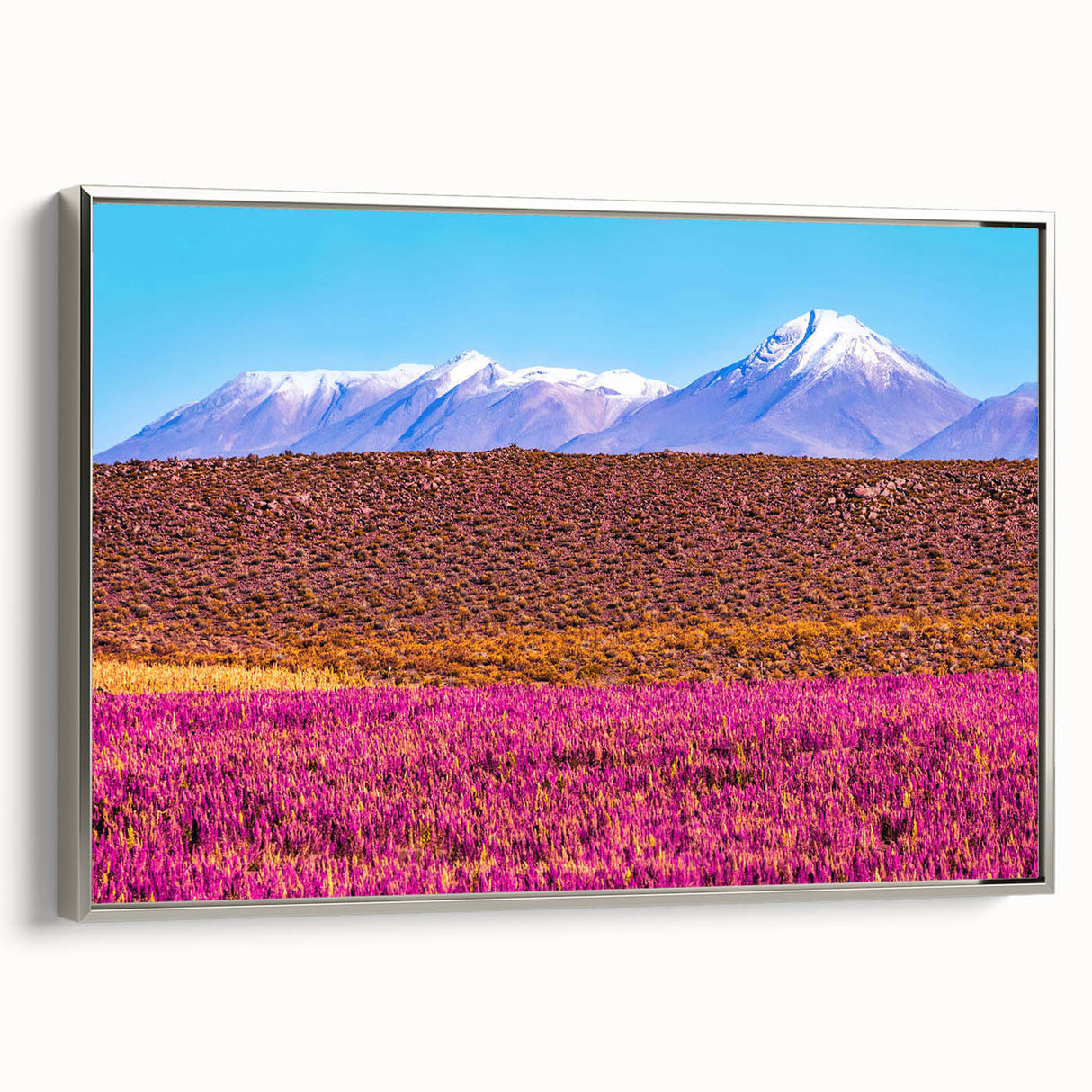 Framed canvas featuring a vintage-style landscape art painting of a Bolivian scenery.