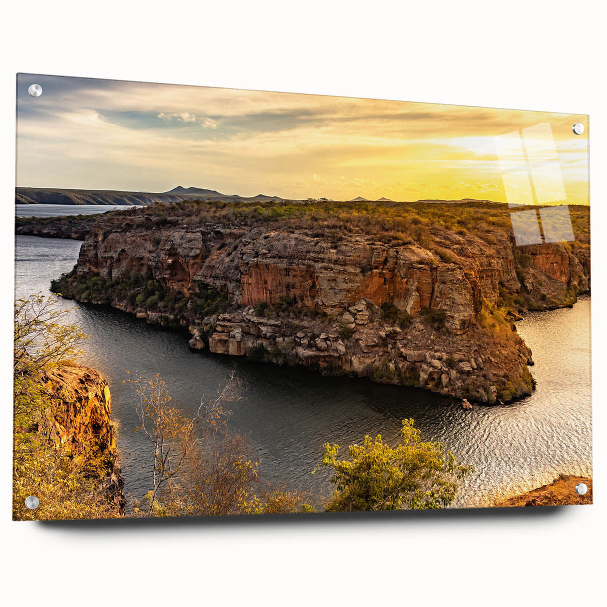 Acrylic print of a large abstract depiction of a Brazilian landscape, with vibrant earthy tones, ideal for dining room decor.