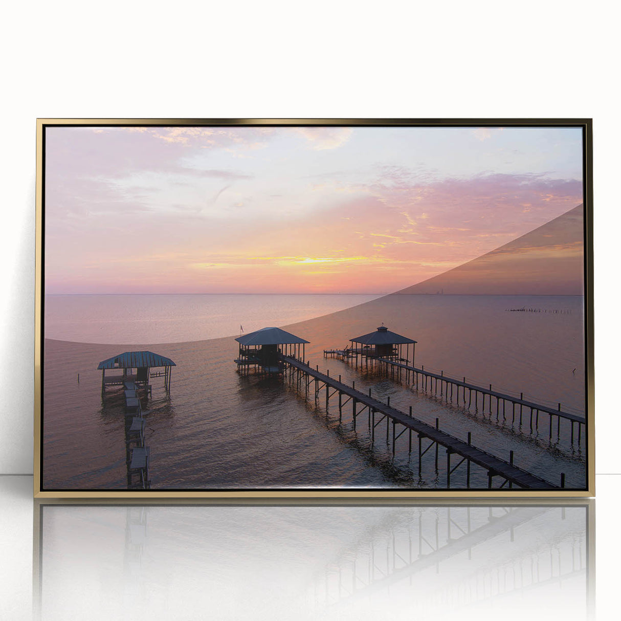 Large art print of an Alabama landscape in gold frame, featuring mid-century modernist style, suitable for nursery wall art.