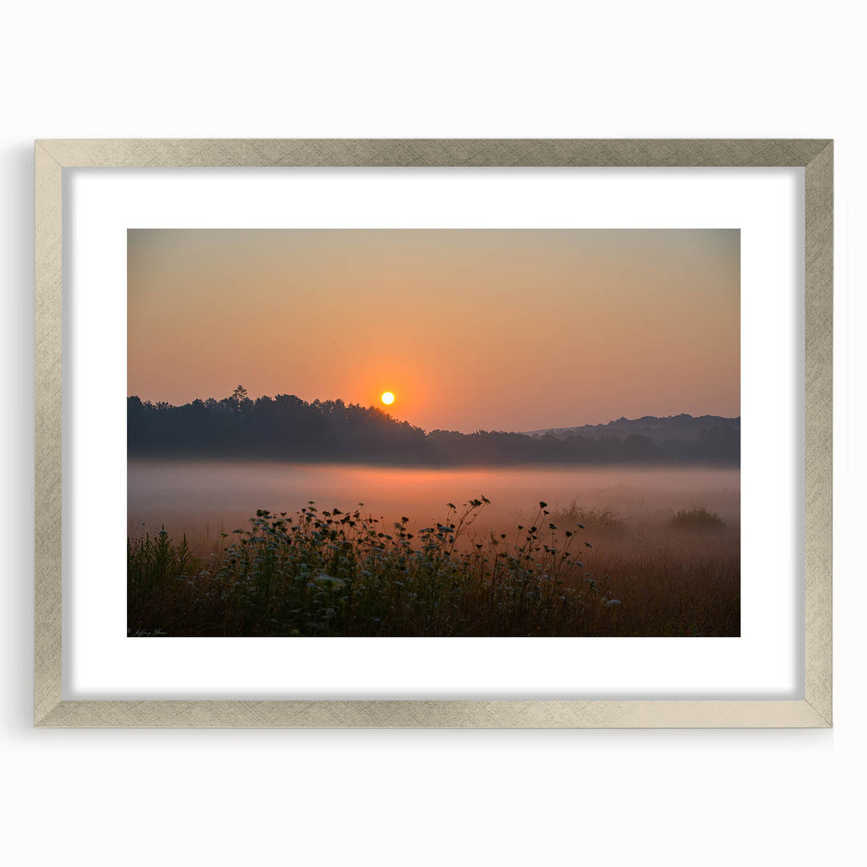 Textured abstract art print of Connecticut scenery in silver frame, ideal for bedroom art.