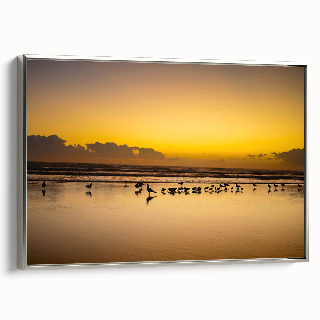 Landscape art painting of Daytona beach with colorful vintage poster art style on a framed canvas.
