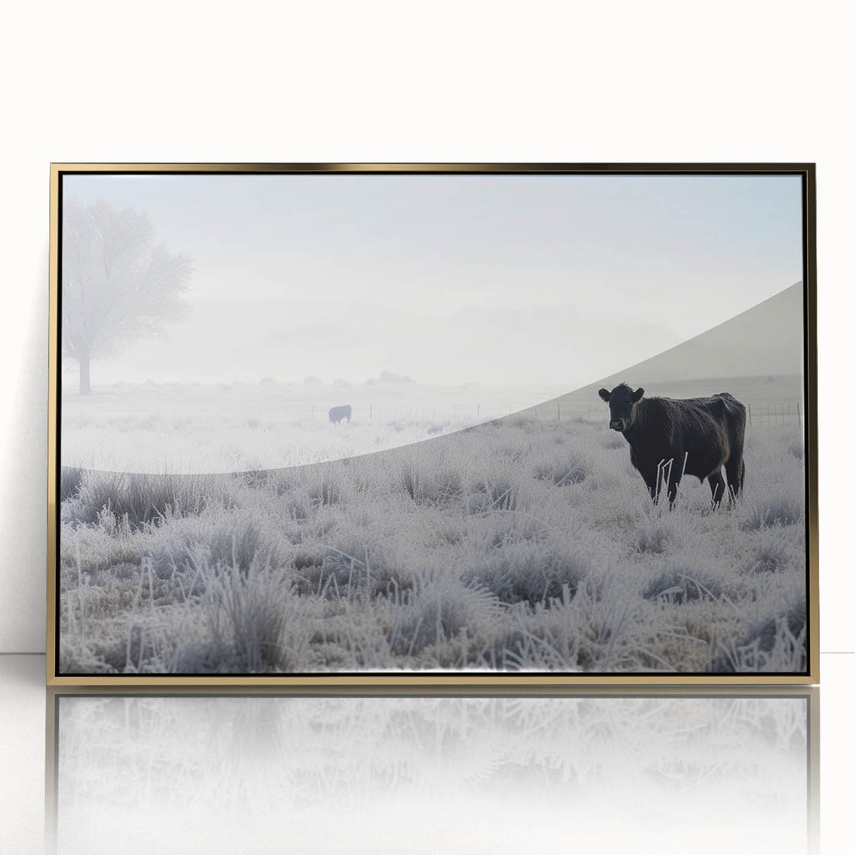 Large art print depicting an Idaho landscape in mid-century modernist style, framed in gold acrylic.