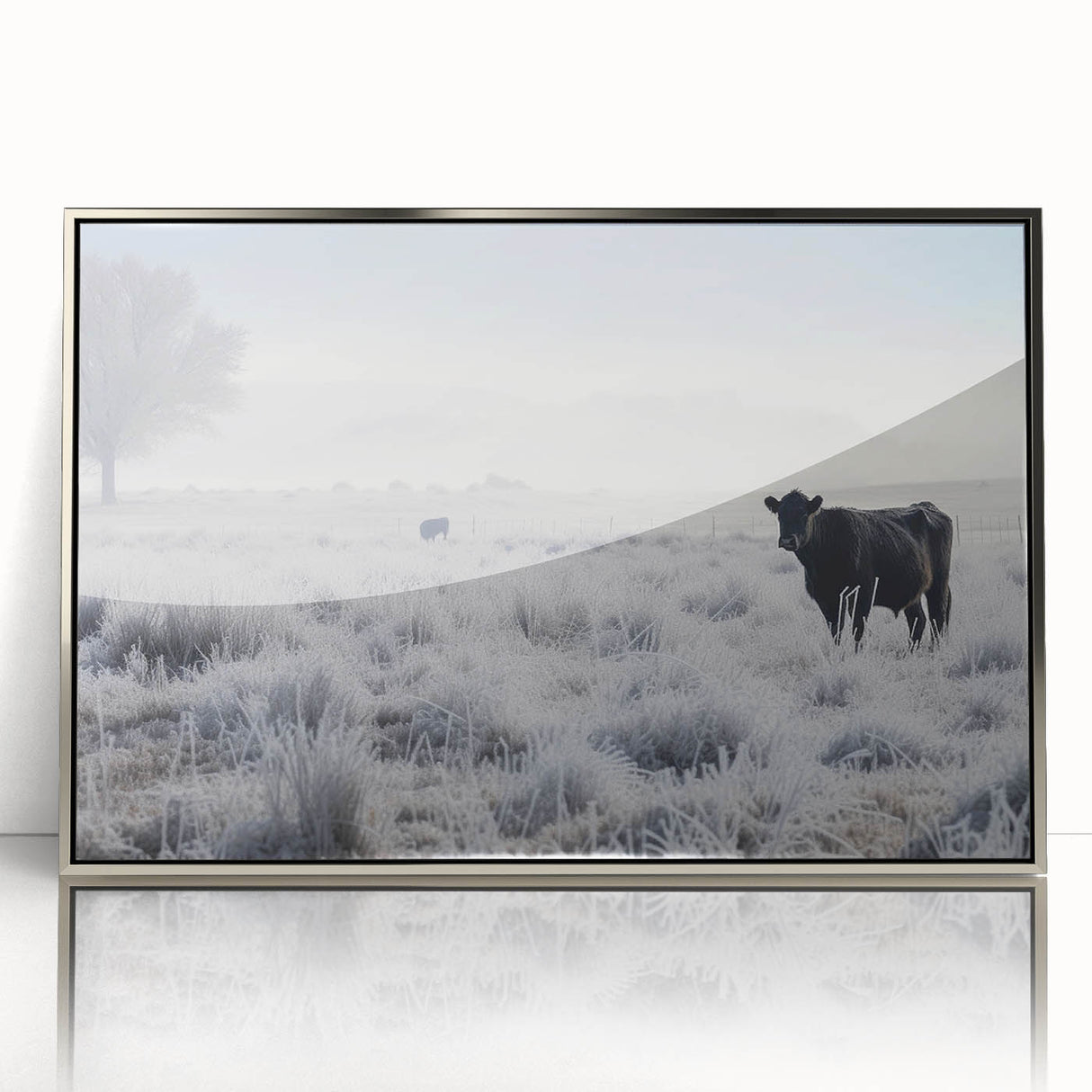Mid-century modernist art depicting Idaho scenery in muted earth tones on a silver-framed acrylic print.