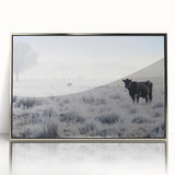 Mid-century modernist art depicting Idaho scenery in muted earth tones on a silver-framed acrylic print.