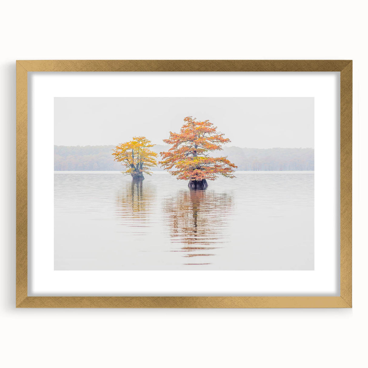 Extra large abstract art print of a Louisiana landscape in muted earth tones on a textured canvas, framed in gold.