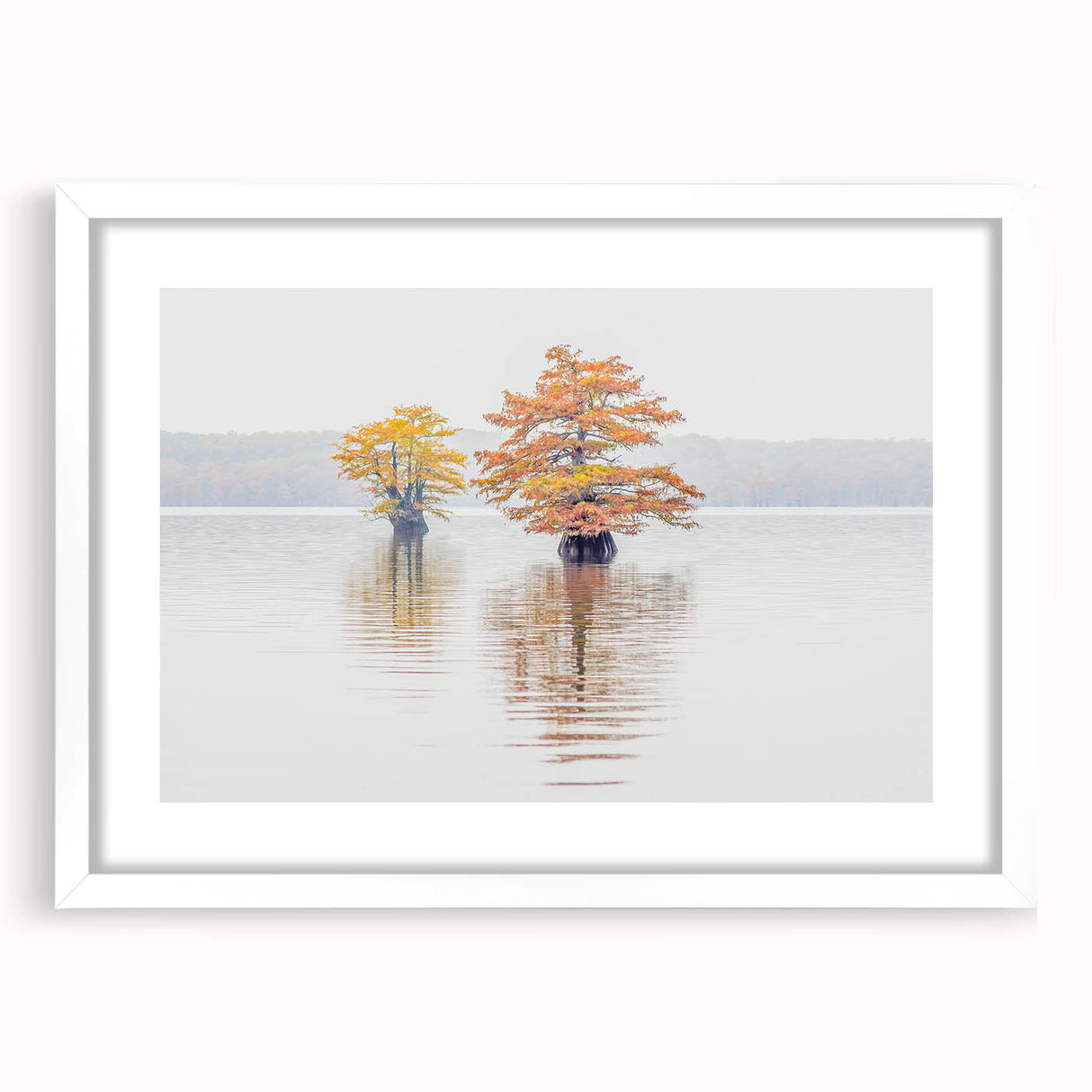 Abstract art print of a Louisiana landscape in muted earth tones, framed with a white mat, suitable for dining room decor.