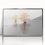 Mid-century modernist art depicting Louisiana scenery in muted earth tones on a silver-framed acrylic print.