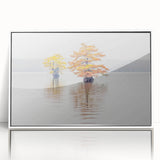 Acrylic print of a Louisiana landscape in art deco style with soft pastel colors, framed in white.