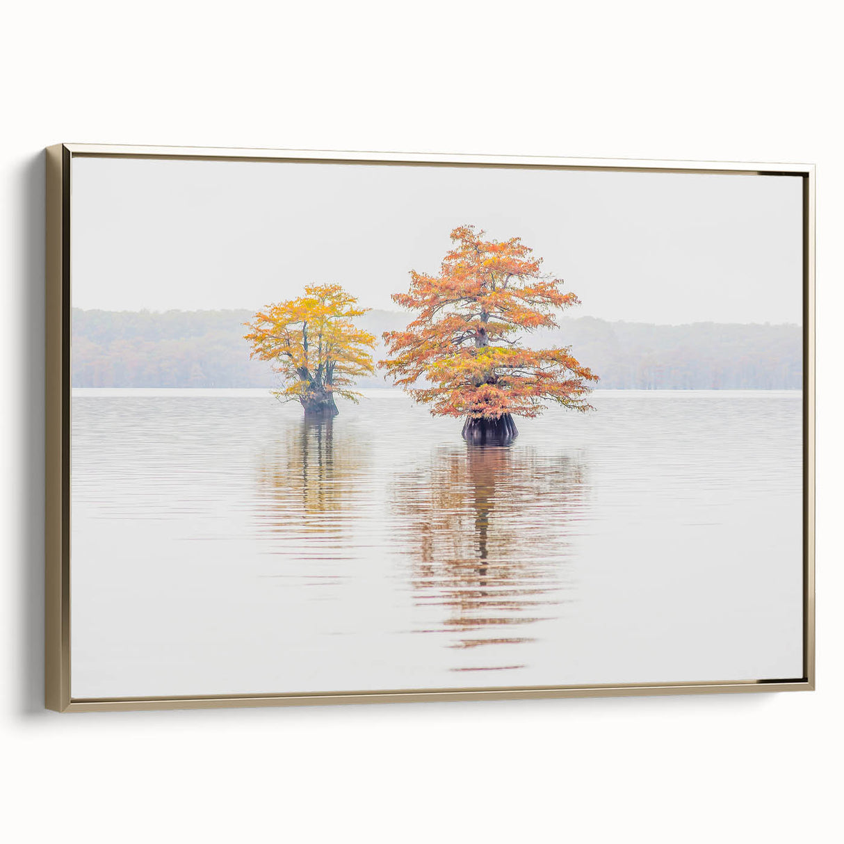Landscape painting of a Louisiana bayou on framed canvas, featuring vintage poster art style in black and muted earth tones.