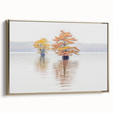 Landscape painting of a Louisiana bayou on framed canvas, featuring vintage poster art style in black and muted earth tones.
