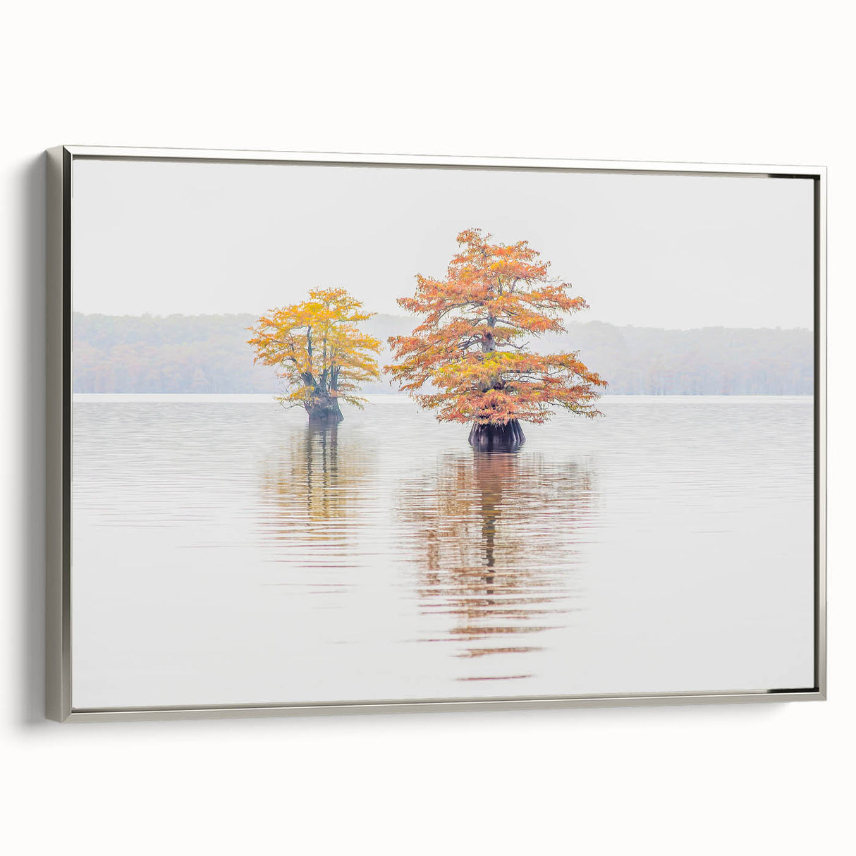 Landscape art painting of a Louisiana marsh in muted greens and blues on framed canvas, suitable for living room decor.