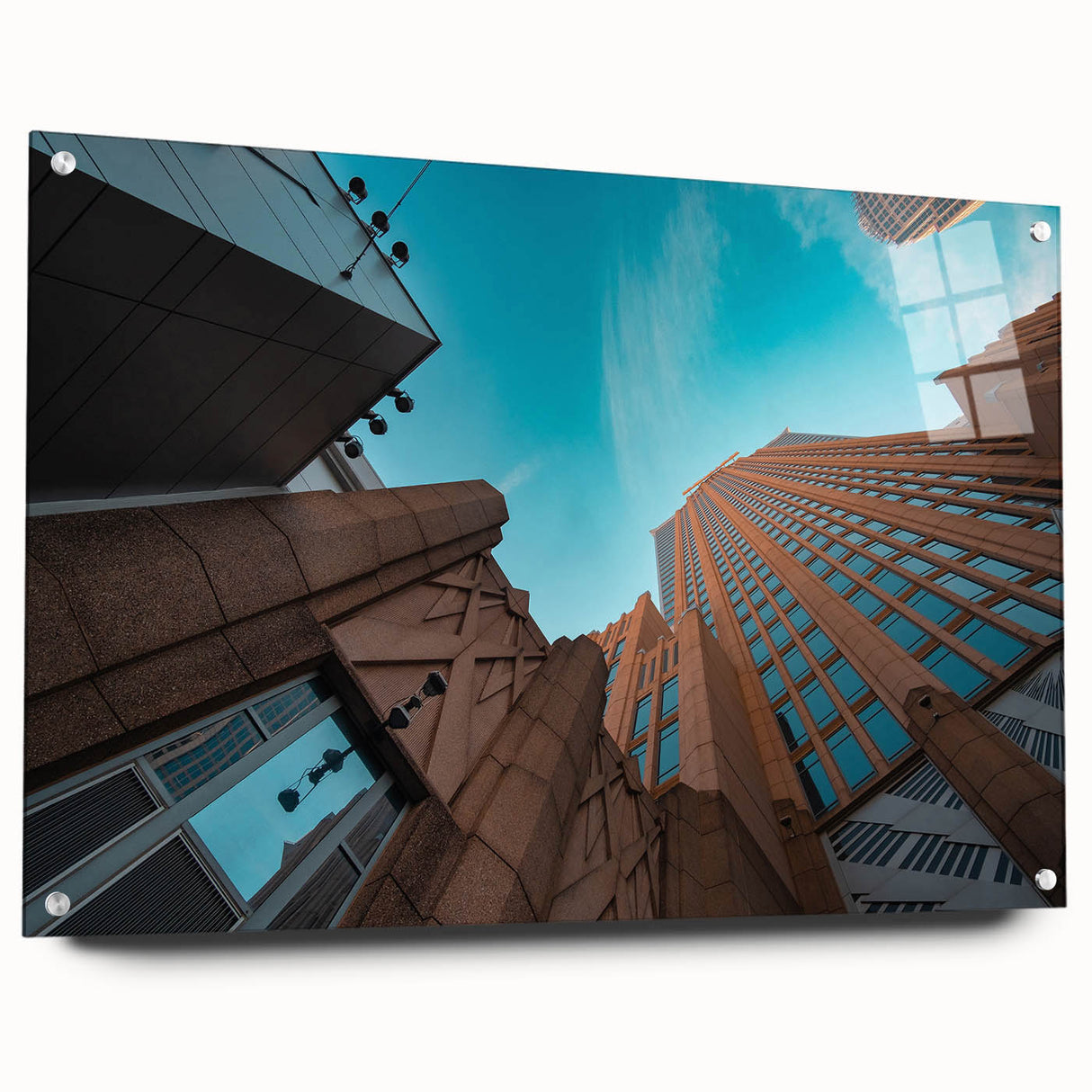 Acrylic print of Charlotte, North Carolina skyline in muted blues and grays, ideal for dining room art.