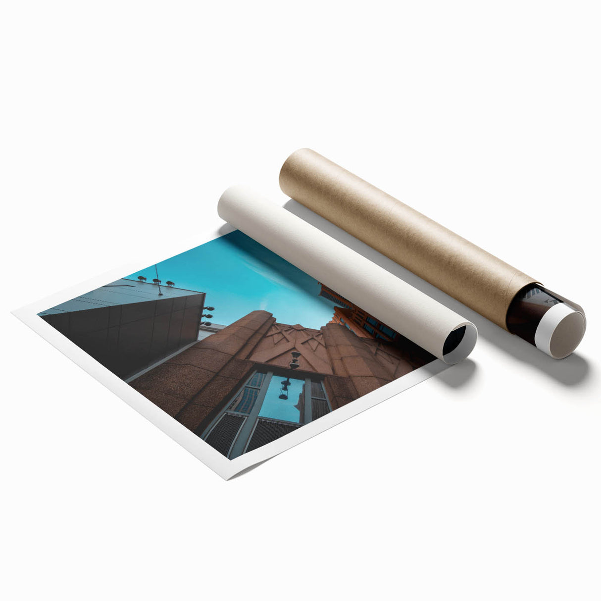 Extra large rolled print of Charlotte, North Carolina skyline with muted gray and floral accents.