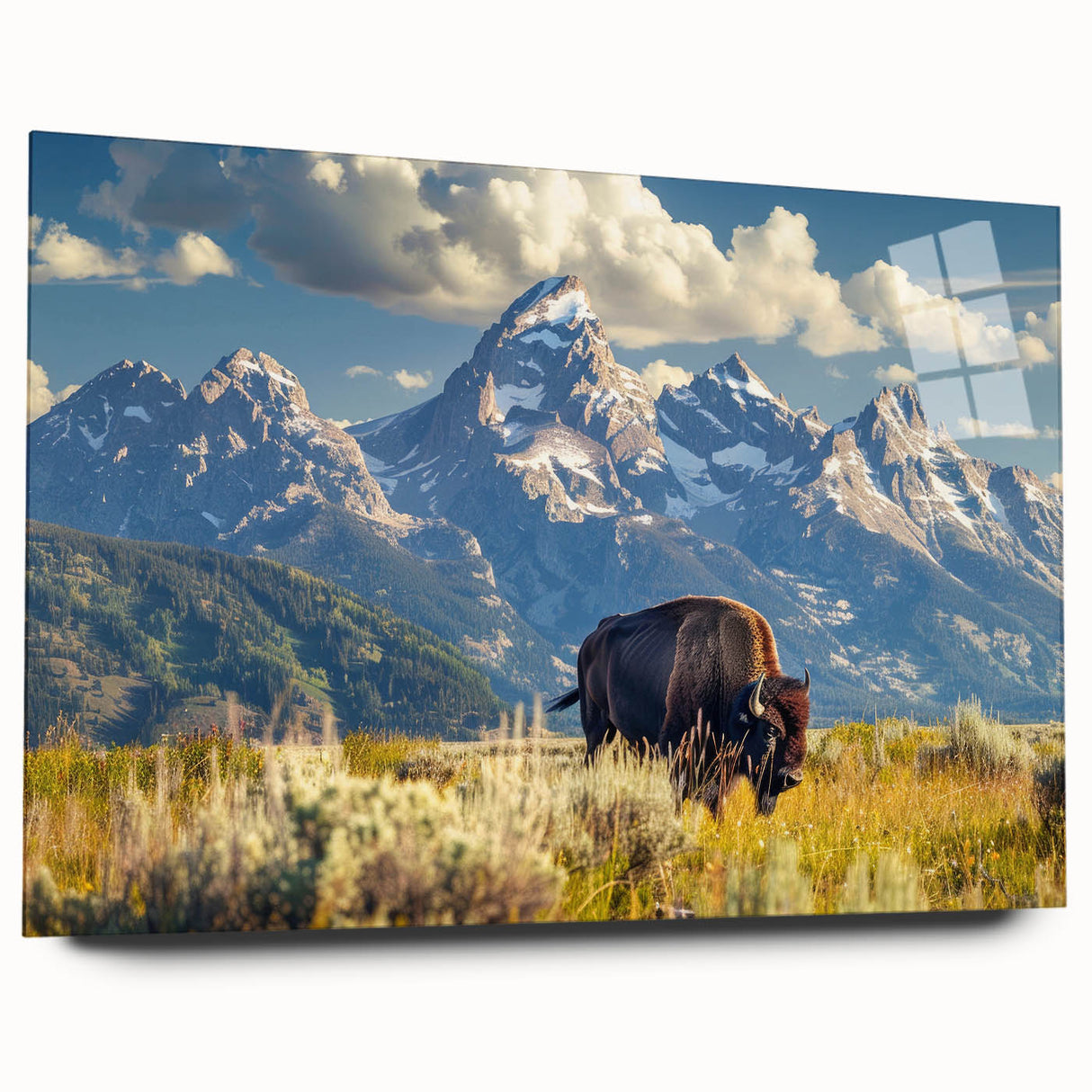Acrylic print of the Grand Tetons in muted earth tones, ideal for bedroom or dining room art.
