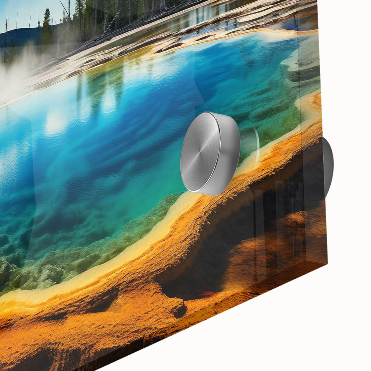 Mid-century modernist style large abstract art print of Yellowstone scenery in vibrant earth tones on acrylic glass.