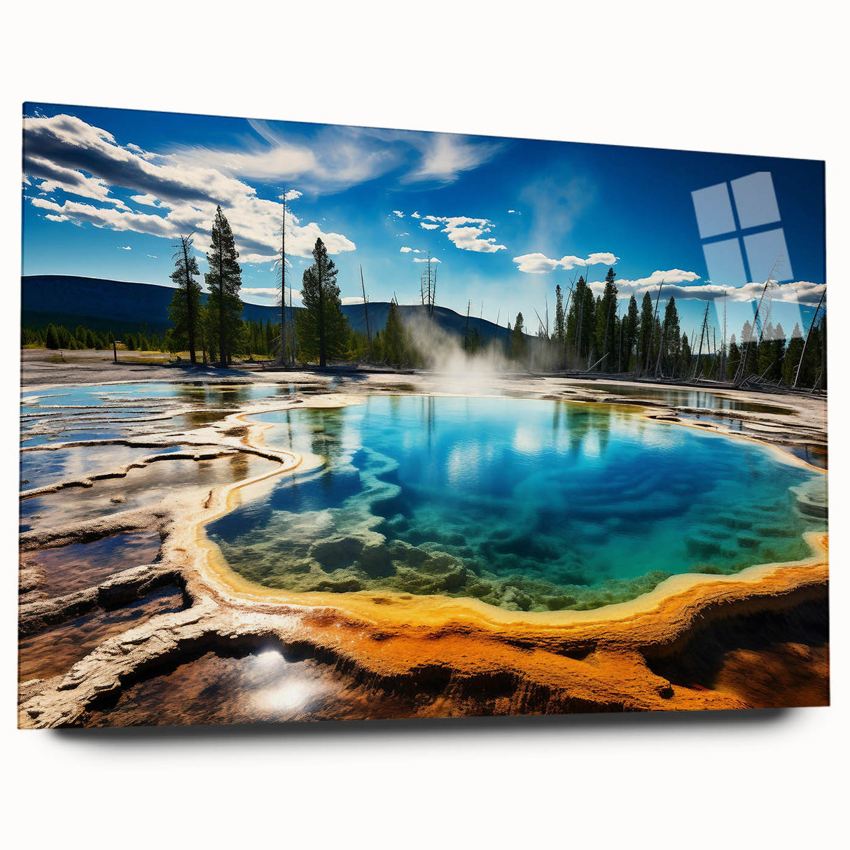 Acrylic print of Yellowstone scenery with vivid green and blue tones, suitable for bedroom or dining room art.