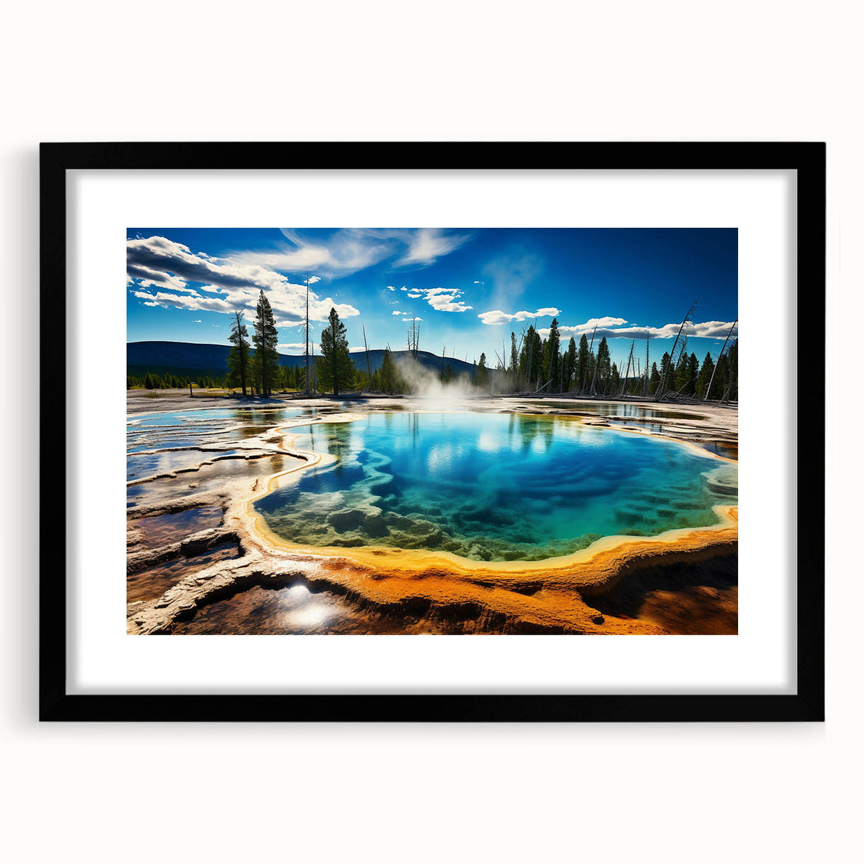 Abstract art print of Yellowstone scenery in vibrant colors on a textured, extra large canvas, framed in black.