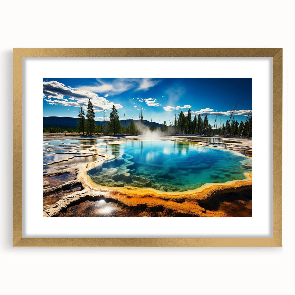 Extra large abstract art print of Yellowstone scenery in textured gold frame, featuring earthy tones.